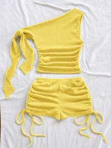 Soleia 春夏新款休闲度假西部海滩婚礼宾客着装毕业早午餐圣帕特里克节春假复活节音乐节优雅波西米亚热带风情针织绿色不对称肩部系带抽绳单肩两件套女装 - 黃色 - 查看 2