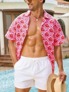 ZELFYO 男士印花短袖衬衫和抽绳短裤沙滩套装 - 玫紅色 - 查看 3