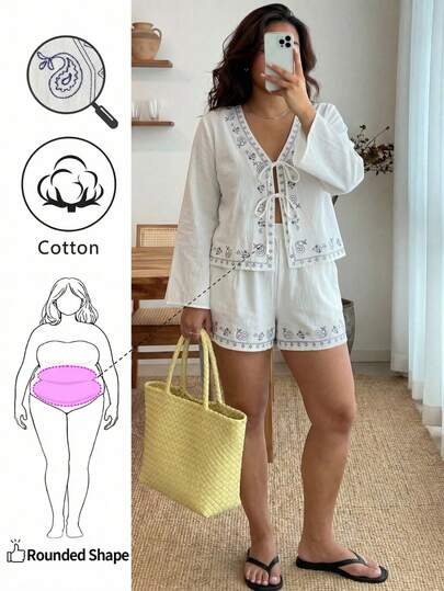 Enliva Plus Size Women's Fall Bohemian Cashew Print Tie Front Blouse And Shorts Set,Friendly To Round Body Curves 2 Piece Summer Set 2 Piece Set Women 2 Piece Summer Sets