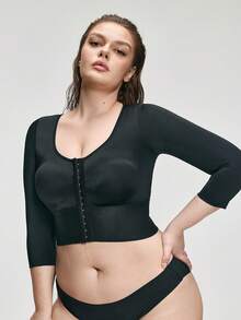 SHAPORA Plus Size Solid Color Front Button Fitted Crew Neck Shaping Top - Black - View 6