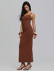 TypaGal Vestido largo ajustado de mujer con tirantes finos y espalda descubierta de unicolor - Marrón - Ver 2