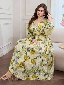 Modelyn 印花V领长袖收腰A字型长连衣裙，大码，春秋季 - 彩色 - 查看 1