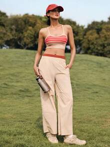 WanderVale Striped Cropped Camisole & Solid Color Pants Set - Khaki - View 4