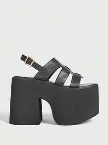 Sugerpunk Giày nữ mùa xuân hè, kiểu dáng quai cài sau, mũi thường, đế dày 13cm, gót dốc, phong cách punk, da PU đen, đế dày, thích hợp cho tiệc tùng, ngày Valentine, phong cách thập niên 2000, giày hè. - màu đen - Xem 1
