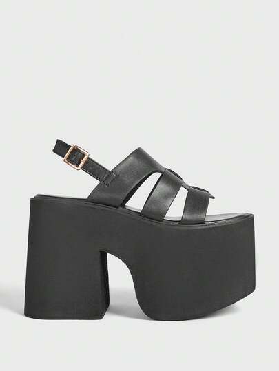 Sugerpunk Women Shoes Spring And Summer Models Buckle Back Straps Ordinary Toe Head 13CM Thick-Soled Slope Heel Punk Style Black PU Leather Slope Heel Thick-Soled Cool Slippers Party Valentine's Day Wear 2000s Style