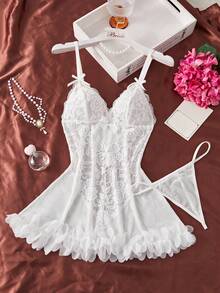 SHEIN 2 件套婚礼浪漫蕾丝和网眼性感内衣吊带裙套装新娘外出内衣 - 白色 - 查看 6