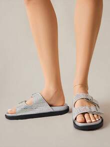 时尚水钻装饰休闲厚底凉鞋 - 銀色 - 查看 5