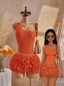 Bellisia 26SS 橙色性感单肩流苏连衣裙，度假沙滩装 - 橘色 - 查看 1