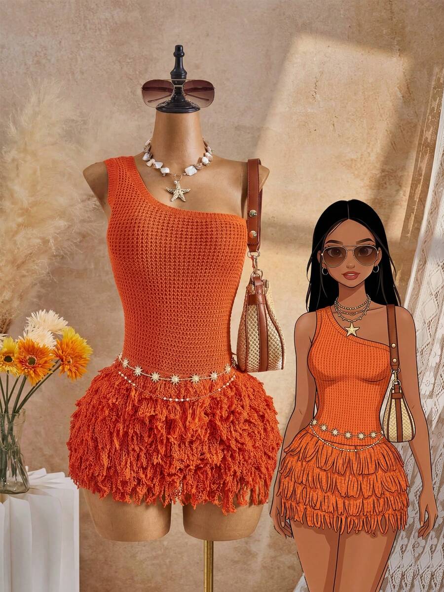 Bellisia 26SS 橙色性感单肩流苏连衣裙，度假沙滩装 - 橘色 - 查看 1