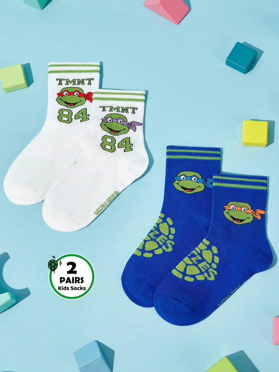 TEENAGE MUTANT NINJA TURTLES | SHEIN 2 Pairs Cotton Soft & Breathable Moisture-Wicking Kids Stripes Mid-Calf Socks Blue&White Cute Cartoon Boys Preppy Style Crew Socks Reinforced Toe & Heel For Durability All Seasons All-Match School & Outdoor Summer Winter - Multicolor - View 1