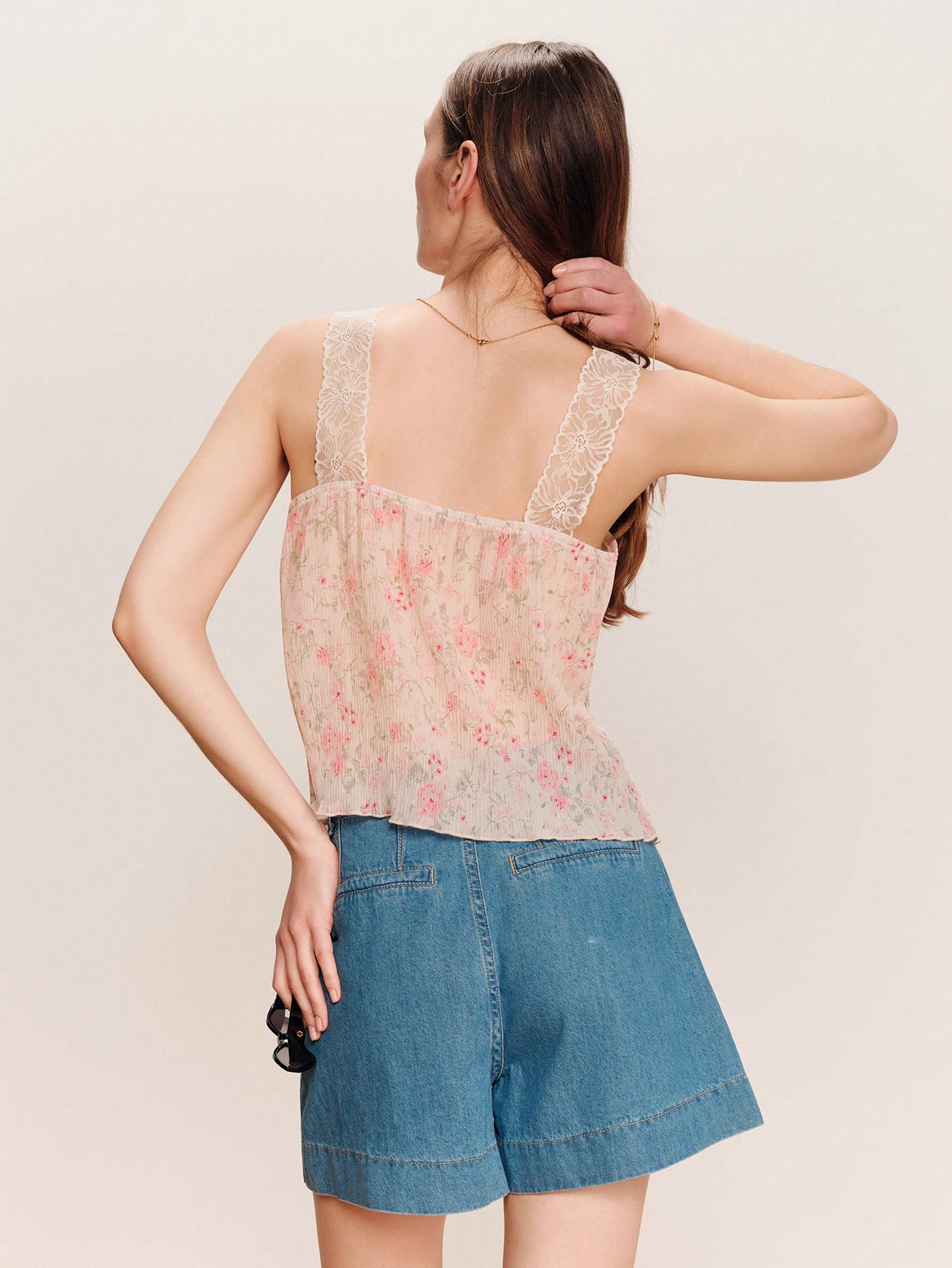 White And Pink Pleated Floral-Print Cami With A Lace Trim Neckline Chic Style Spring Summer French Style Parisian Style Cute Summer Top Holiday Top Pink Flower Top Flowy Top