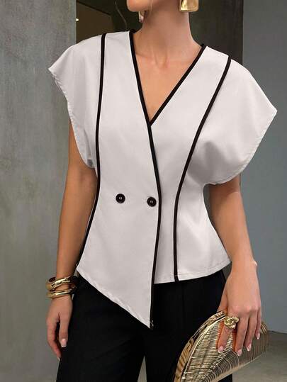 Selianne Women's Color Block V-Neck Casual Versatile Daily Wear Shirt