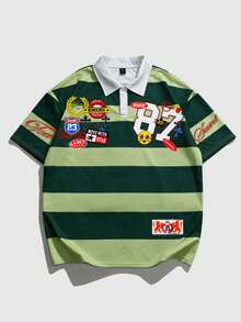 ROMWE MEN Áo thun polo tay ngắn cổ bẻ nam kiểu dáng thường ngày năm 2026, họa tiết kẻ sọc in hình, phong cách sinh viên. - Nhiều màu - Xem 4