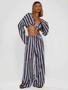 MUSERA Women Pants Wide Leg Stripe Linen Look Trouser Holiday Linen Pant Summer Beach Vacation Party Spring Carnival - Blue - View 5