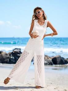 Sylviya Set casual da donna con top a collo tondo e pantaloni a gamba ampia, adatto per abbigliamento estivo quotidiano, outfit primaverili da donna, outfit da spiaggia per donne, outfit da vacanza, outfit casual da donna, set casual da donna, pantaloni bianchi per outfit da crociera, set da donna a due pezzi, coprire abiti bianchi da donna per la spiaggia, outfit da spiaggia da donna, abito copricostume all'uncinetto - Bianco - Visualizzare 2