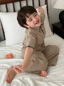 DAZY Young Boy Striped Print Short Sleeve Polo Shirt And Long Pants Pajama Set, Suitable For Spring, Summer And Autumn - Khaki - View 7