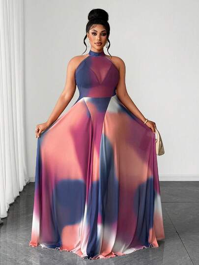 Maweii Plus Size Women's Halter Backless Gradient Print Dress, Sexy & Vacation Style
