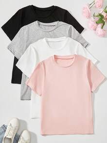Tween Girls' Solid Color Round Neck Short Sleeve Casual Versatile T-Shirt - Multicolor - View 8