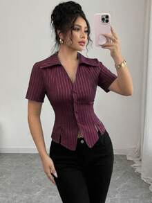 Elenzga Áo sơ mi nữ kẻ sọc cổ chữ V cài cúc dáng chữ A tay ngắn, phong cách đường phố Pháp cổ điển thanh lịch, tối giản, đa năng, phù hợp cho các dịp thường ngày, công sở, du lịch, xuân/hè. - Màu Tím - Xem 6