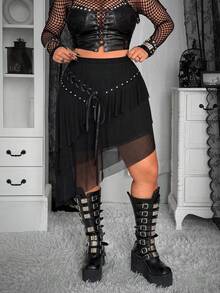 Whyspr Plus Size Punk Eyelet Lace-Up Layered Skirt, Spring/Summer - Black - View 4