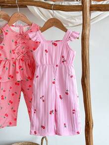 SHEIN Vintaside Kids Baby Girls' Casual Minimalist Cherry Print Ruffle Strap Romper, Beige, Suitable For Daily Wear, Outdoor, Photography, Spring/Summer Girls Summer Coord Cherry Baby Clothes - Pink - View 5