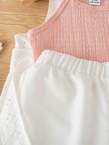 SHEIN 3pcs/Set Baby Girls' Summer New Knitted Texture Camisole Top, Hollow-Out Long Vest With Belt, Casual Loose White Short Top, Versatile Outfit For Vacation, Leisure & Sports - Pink - View 4