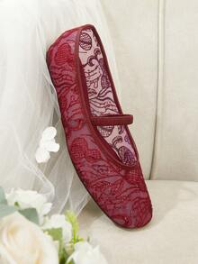CUCCOO HITCHD Beige Mesh Flower Square Toe Strap Comfortable Soft Simple Commuter Women's Flat Shoes - Red Violet - View 6