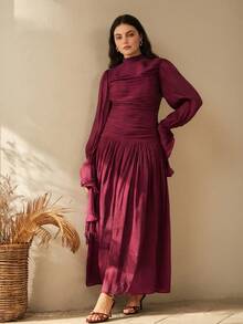Anewsta Women's Long Dress With Pleated Design, Elegant And Fashionable Formal Gown Fall - Burgundy - View 1