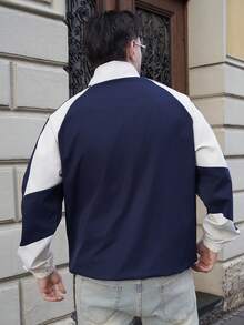 LEOGASHI LEOGASHI Chaqueta de cuello alto de manga larga con bloques de color retro para hombre, ropa de abrigo casual de estilo universitario, esencial minimalista, otoño - Azul - Ver 2