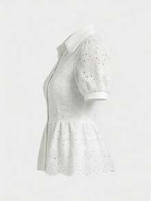 2026 Blusa elegante de verano para mujer con mangas de pétalos huecos y volantes en el bajo - Blanco - Ver 8