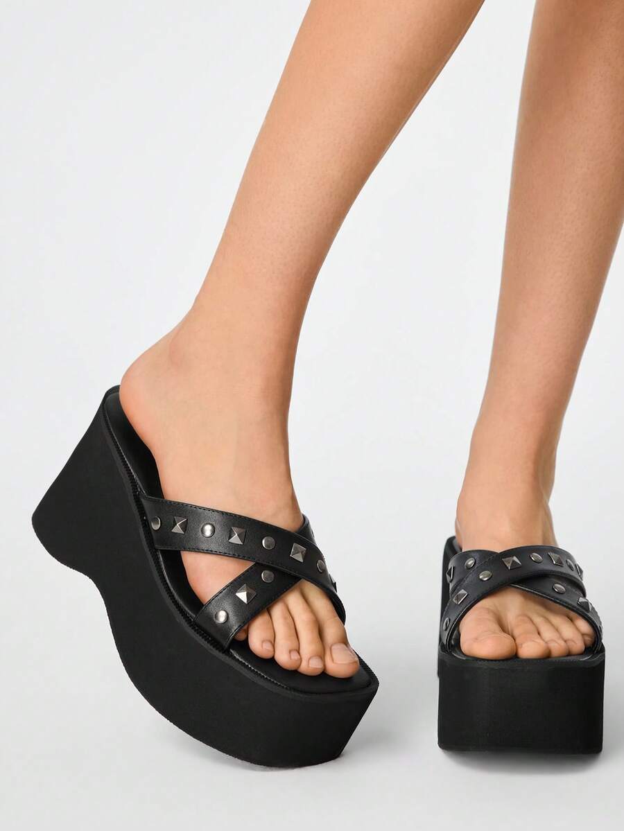 Sugerpunk Women's Black Rivet Criss-Cross Platform Slide Sandals - Black - View 1