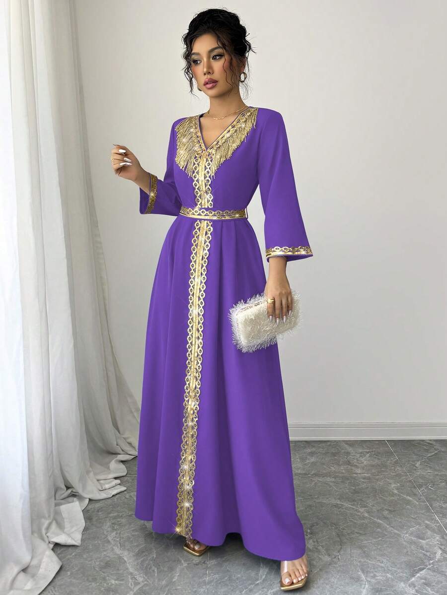 SHEIN Clasi 女士V领褶皱流苏亮片拼接优雅收腰连衣裙 - 紫色 - 查看 1