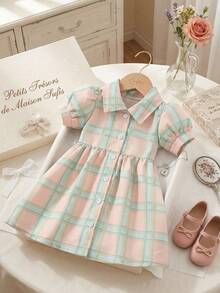 Souflis Souflis Vestido camisa de estilo francés con mangas de pétalos a cuadros, nuevo y casual para niña. Adecuado para salidas de primavera/verano y uso diario, escuela - Multicolor - Ver 2