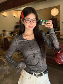 DAZY Kaos Lengan Panjang Kasual Gaya Korea Bergaris Leher Bulat untuk Wanita, Cocok untuk Musim Semi dan Musim Gugur - Grey - View 2