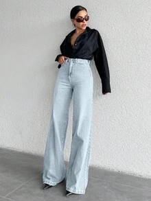 EURMUSE 100%Cotton High Waist Wide Leg Jeans - Light Wash - View 5