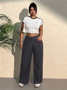 SHEIN EZwear Große Größen Lose Plissee Weite Bein Lässig Hose, Einfarbig Dunkelgrau, Herbst/Winter - Dunkelgrau - Übersicht 11