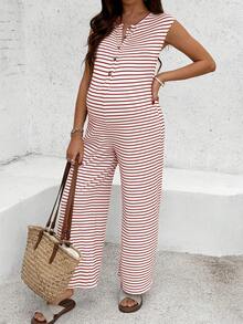 SHEIN Sommer Outfits, Umstandsmode, Umstandsoverall, lässiger gestreifter ärmelloser Umstandsoverall, rot-weiß farblich abgesetzter lässiger, locker sitzender Umstandsoverall, gestreifter Jumpsuit zum Stillen, lässiger Jumpsuit Sommer Jumpsuit Sommer Outfits für Frauen, Umstandsmode Sommer Outfits, Umstandssommerkleid, lässige Umstandskleider - Rot - Übersicht 4