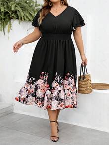 SHEIN CURVE+ Curve 尺码 US22 音乐节、海滨度假、波西米亚风女士优雅印花中长裙、春夏印花连衣裙 - 彩色 - 查看 7