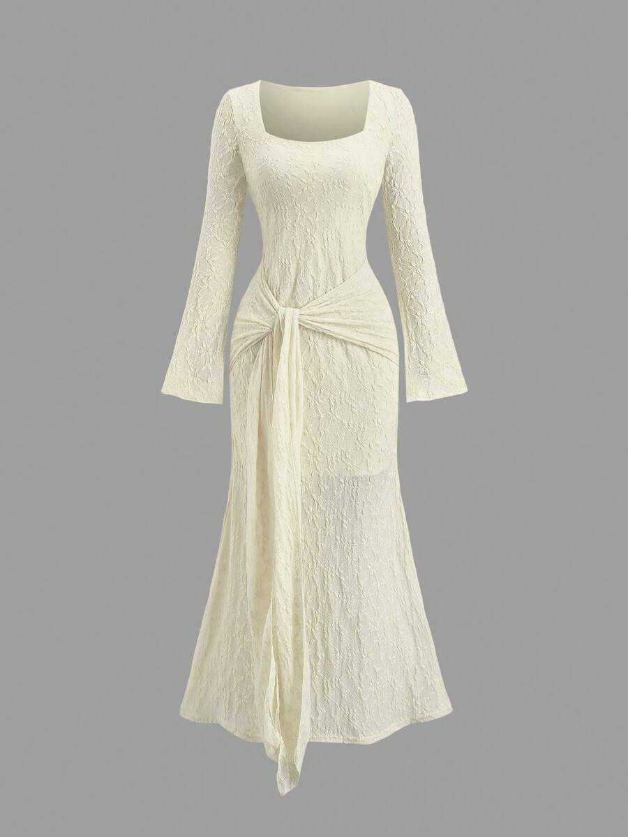Sweetra Solid Color Square Neck Long Sleeve Dress, New Spring/Autumn Sexy Lace-Up Dress - Apricot - View 1