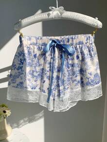 Comfortcana 花卉印花蕾丝边系带短裤，女神度假风 - 藍色 - 查看 5
