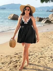 Swim Lushoire Plus Size Women's Cute Applique Decor Halter Tankini Swimsuit Set - Black - View 5