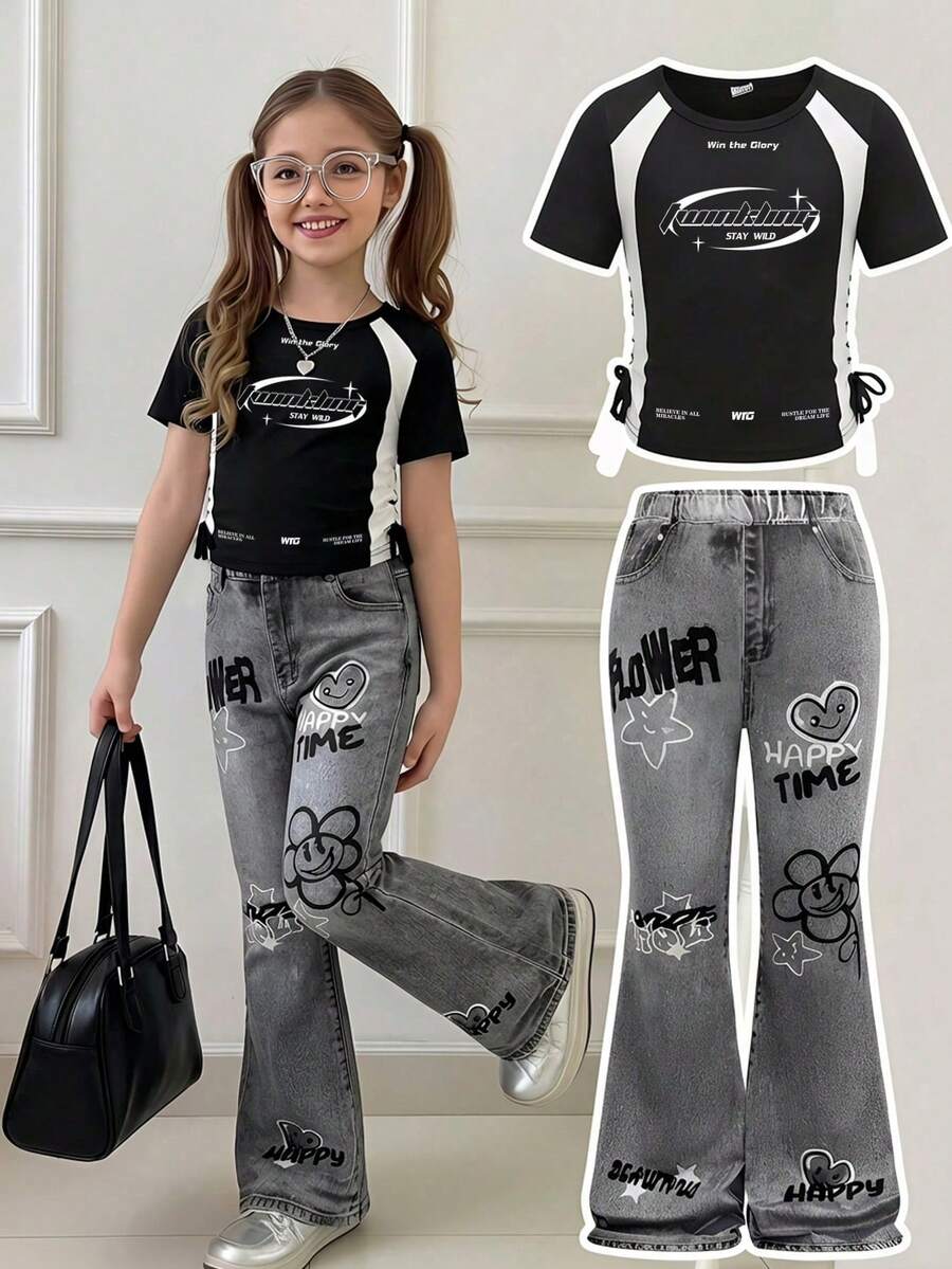 SHEIN Bộ quần áo cho bé gái trẻ gồm áo dệt kim ôm sát tay ngắn cổ tròn in chữ và quần rách họa tiết thiết kế đồ họa - Đen và trắng - Xem 1