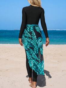 Swim Mulvari Bộ bikini 2 món in họa tiết hoa nhiệt đới dành cho nữ, kèm chân váy dây rút, trang phục đi biển kín đáo, thích hợp cho người trưởng thành, mùa xuân/hè. - màu đen - Xem 2