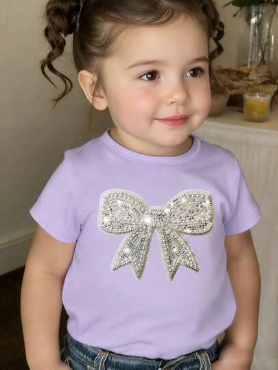 Spring And Summer Baby Girls' Casual Fashion Creative Personalized Refreshing Cute Minimalist Shiny White Bow Decor Pattern Print Casual Basic Short T-Shirt, Comfortable Daily Wear