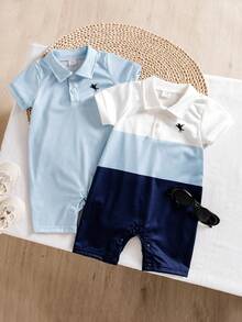 SHEIN Áo liền quần tay ngắn cổ polo in hình hiệp sĩ cho bé trai - Nhiều màu - Xem 1