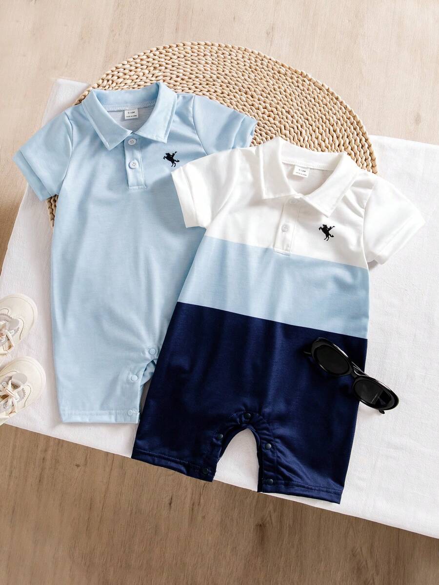 SHEIN Áo liền quần tay ngắn cổ polo in hình hiệp sĩ cho bé trai - Nhiều màu - Xem 1