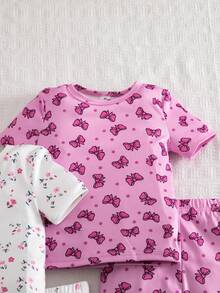 Genkimix Kids 6pcs Young Girl' Short Sleeve Snug Fit Pajama Set With Bow & Heart Prints, Stretchy, Machine Washable, Comfortable Fit, 3 Sets Sold Separately - Multicolor - View 7