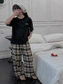 Dazy Kids Tween Girl Round Neck Short Sleeve Top And Plaid Print Pants Pajama Loungewear Set Summer - Black - View 4
