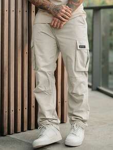 Manfinity Homme 加大码男士黑色长裤，多口袋工装裤，休闲直筒百搭长裤 - 米色 - 查看 4