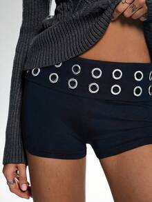 TRNVIE 1件黑色性感朋克风低腰紧身超短休闲短裤，适合夜店派对、街头服饰。 - 藏蓝色 - 查看 3